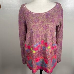 Natural Life Sz S Pink Floral Fuzzy Sweater Long Sleeves Hippie Boho Pullover